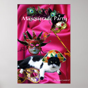 KATZE MIT HARLEKINHUT UND MASKENBALLMASKEN POSTER