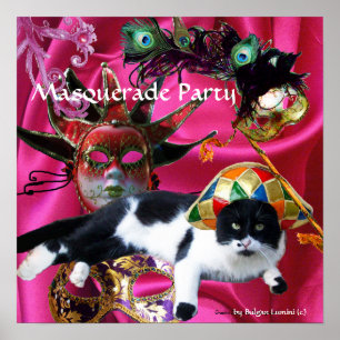 KATZE MIT HARLEKINHUT UND MASKENBALLMASKEN POSTER