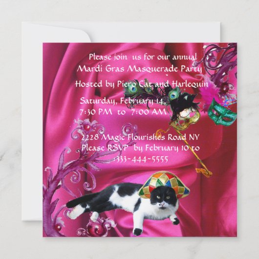 KATZE MIT HARLEQUIN HAT- UND MASQUERADE-PARTY EINLADUNG (Rückseite)