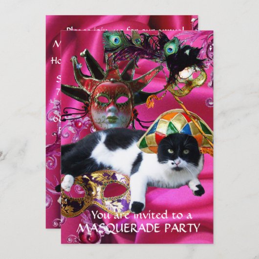 KATZE MIT HARLEQUIN HAT- UND MASQUERADE-PARTY EINLADUNG (Vorne/Hinten)