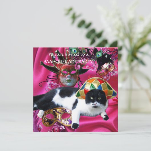 KATZE MIT HARLEQUIN HAT- UND MASQUERADE-PARTY EINLADUNG (Stehend Vorderseite)