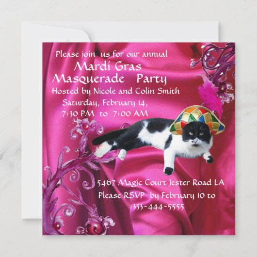 KATZE MIT HARLEQUIN HAT- UND MASQUERADE-PARTY EINLADUNG (Rückseite)