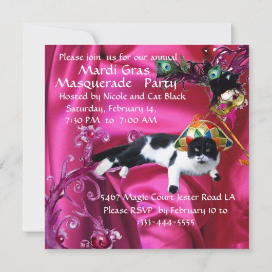 KATZE MIT HARLEQUIN HAT- UND MASQUERADE-PARTY EINLADUNG (Rückseite)