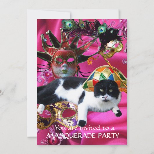 KATZE MIT HARLEQUIN HAT- UND MASQUERADE-PARTY EINLADUNG (Vorderseite)