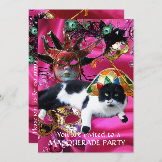 KATZE MIT HARLEQUIN HAT- UND MASQUERADE-PARTY EINLADUNG (Vorne/Hinten)