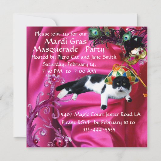 KATZE MIT HARLEQUIN HAT- UND MASQUERADE-PARTY EINLADUNG (Rückseite)