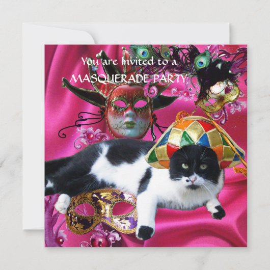 KATZE MIT HARLEQUIN HAT- UND MASQUERADE-PARTY EINLADUNG (Vorderseite)