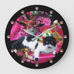 KATZE MIT HARLEQUIN HAT- UND MASQUERADE-PARTY GROßE WANDUHR