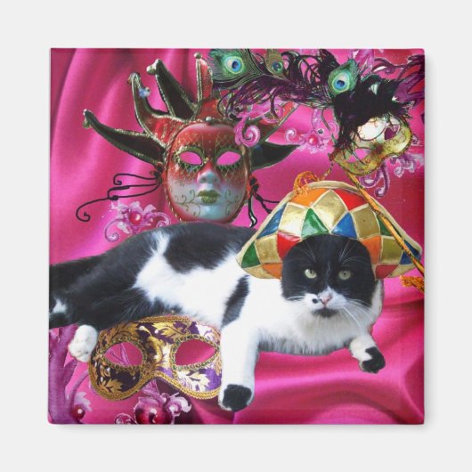 KATZE MIT HARLEQUIN HAT- UND MASQUERADE-PARTY MAGNET (Vorne)