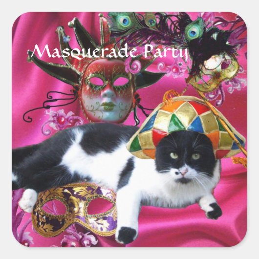 KATZE MIT HARLEQUIN HAT- UND MASQUERADE-PARTY QUADRATISCHER AUFKLEBER (Vorderseite)