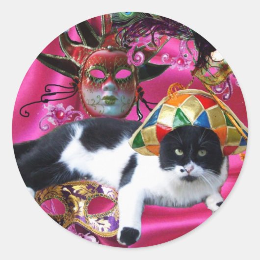 KATZE MIT HARLEQUIN HAT- UND MASQUERADE-PARTY RUNDER AUFKLEBER (Vorderseite)
