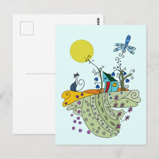 Katze mit Haus Postkarte (Vorne/Hinten)