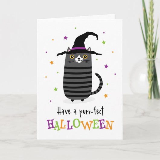 Katze mit Hexe, die ein purrotes Halloween hat Karte (Vorderseite)