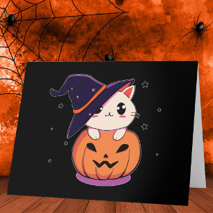 Katze mit Hexenhut in Halloween-Kürbisgesicht Dankeskarte