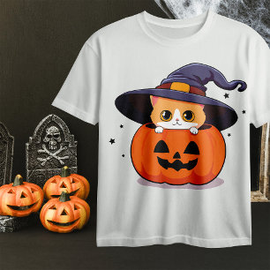 Katze mit Hexenhut in Halloween-Kürbisgesicht T-Shirt