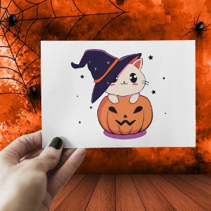 Katze mit Hexenhut in Halloween-Kürbislaterne Postkarte