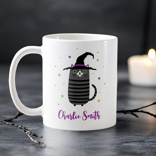 Katze mit Hexenhut und Name niedlich Halloween Kaffeetasse