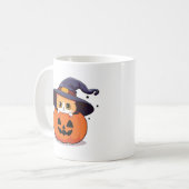Katze mit Hexenhut zu Halloween Jack-O-Lantern Kaffeetasse (Vorderseite Links)