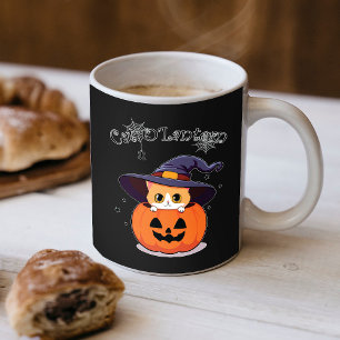 Katze mit Hexenhut zu Halloween Jack-O-Lantern Kaffeetasse