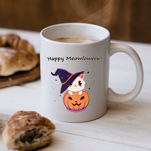Katze mit Hexenhut zu Halloween Jack-O-Lantern Kaffeetasse