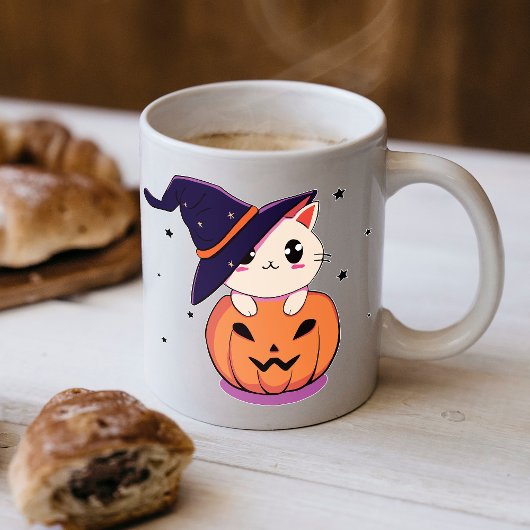 Katze mit Hexenhut zu Halloween Jack-O-Lantern Kaffeetasse