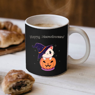 Katze mit Hexenhut zu Halloween Jack-O-Lantern Kaffeetasse