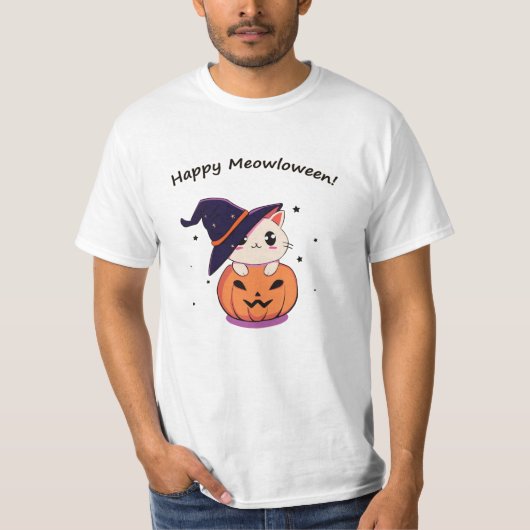 Katze mit Hexenhut zu Halloween Jack-O-Lantern T-Shirt (Vorderseite)