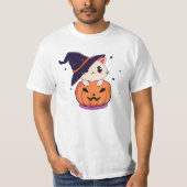 Katze mit Hexenhut zu Halloween Jack-O-Lantern T-Shirt (Vorderseite)