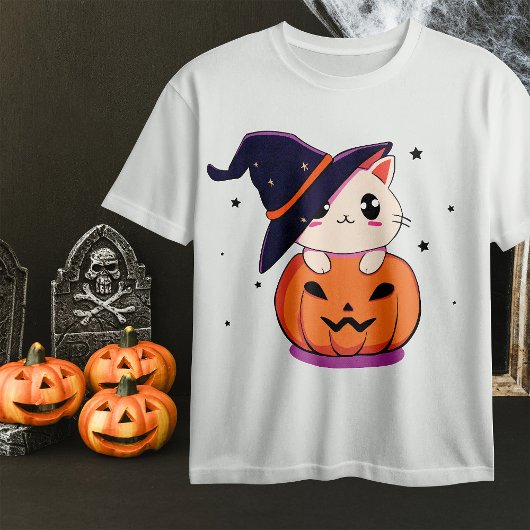 Katze mit Hexenhut zu Halloween Jack-O-Lantern T-Shirt