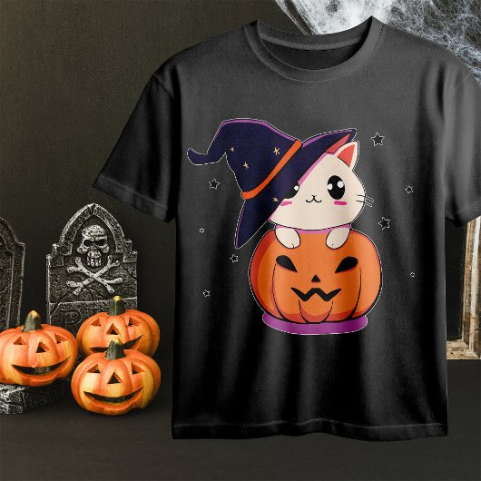 Katze mit Hexenhut zu Halloween Jack-O-Lantern T-Shirt