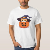 Katze mit Hexenhut zu Halloween Jack-O-Lantern T-Shirt (Vorderseite)