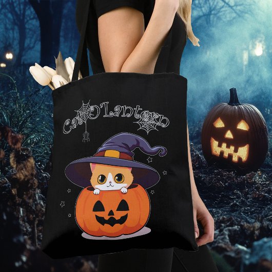 Katze mit Hexenhut zu Halloween Jack-O-Lantern Tasche