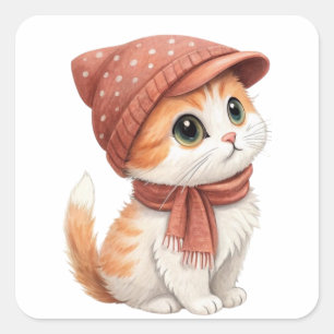 Katze mit Hut und Karpfen, pastellfarben Quadratischer Aufkleber