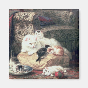 Katze mit ihren Kätzchen auf einem Kissen Magnet