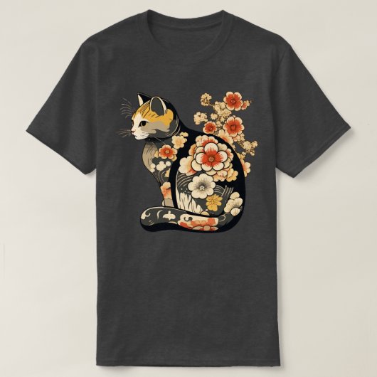 Katze mit japanischen Blume-Tattoos T-Shirt (Design vorne)