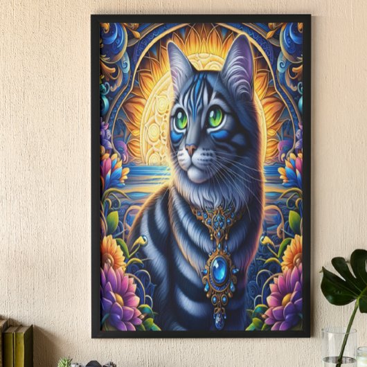 Katze mit Juwelen im lebendigen Fantasiegarten Poster