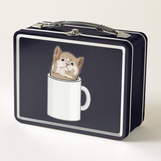 Katze mit Kaffee-Tasse Metall Brotdose (Vorderseite)