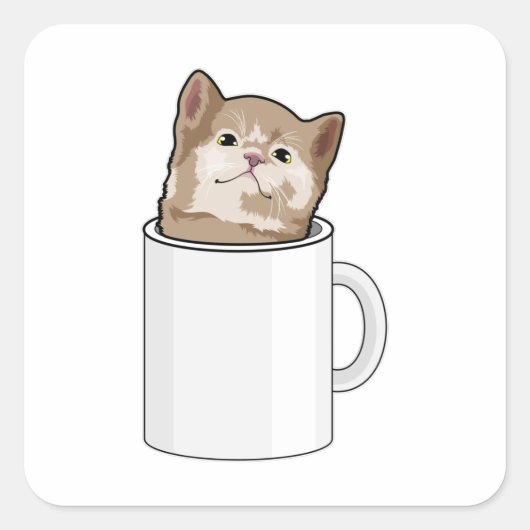Katze mit Kaffee-Tasse Quadratischer Aufkleber (Vorderseite)