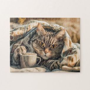 Katze mit Kaffee und Buch in gemütlicher Decke Puzzle