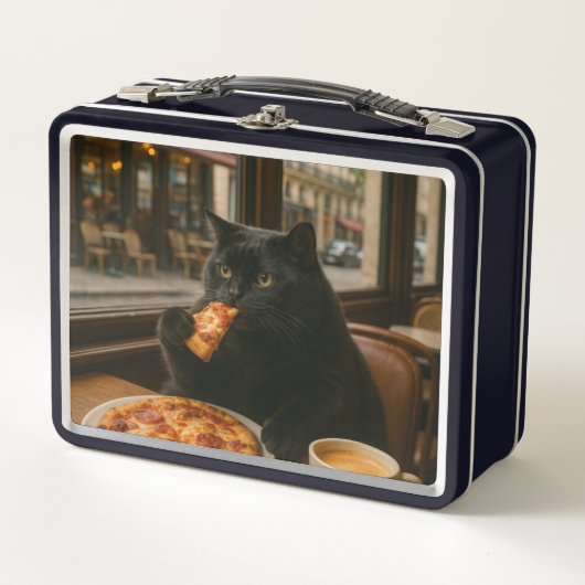 Katze mit Kaffeetasse im Café Metall Brotdose (Vorderseite)