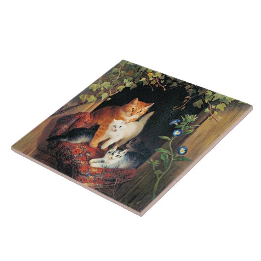 Katze mit Kätzchen, Kunstmalerei, Fliese (Seite)