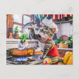 Katze mit Kochmütze beim Kochen mit Gemüse und Fis Feiertagspostkarte