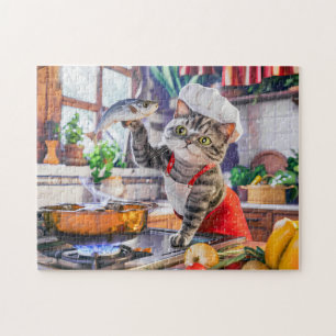 Katze mit Kochmütze beim Kochen mit Gemüse und Fis Puzzle