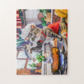 Katze mit Kochmütze beim Kochen mit Gemüse und Fis Puzzle (Vertikal)