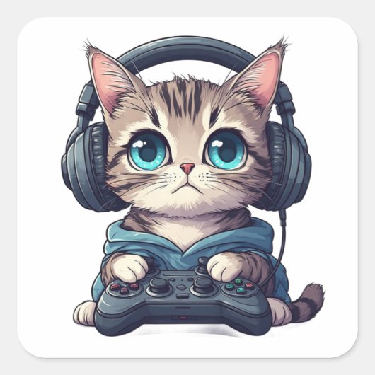 Katze mit Kopfhörern und Controller Quadratischer Aufkleber (Vorderseite)