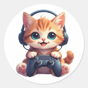 Katze mit Kopfhörern und Controller Runder Aufkleber