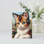 Katze mit Kopfhörern - Vintage Malerei. Postkarte (Stehend Vorderseite)