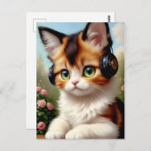 Katze mit Kopfhörern - Vintage Malerei. Postkarte (Vorne/Hinten)