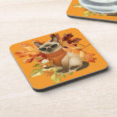 Katze mit Kürbiskuchen für Erntedank Party Getränkeuntersetzer (Linke Seite)
