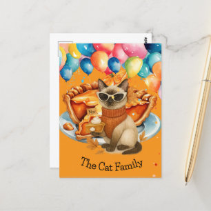 Katze mit Kürbiskuchen für Erntedank Party Postkarte